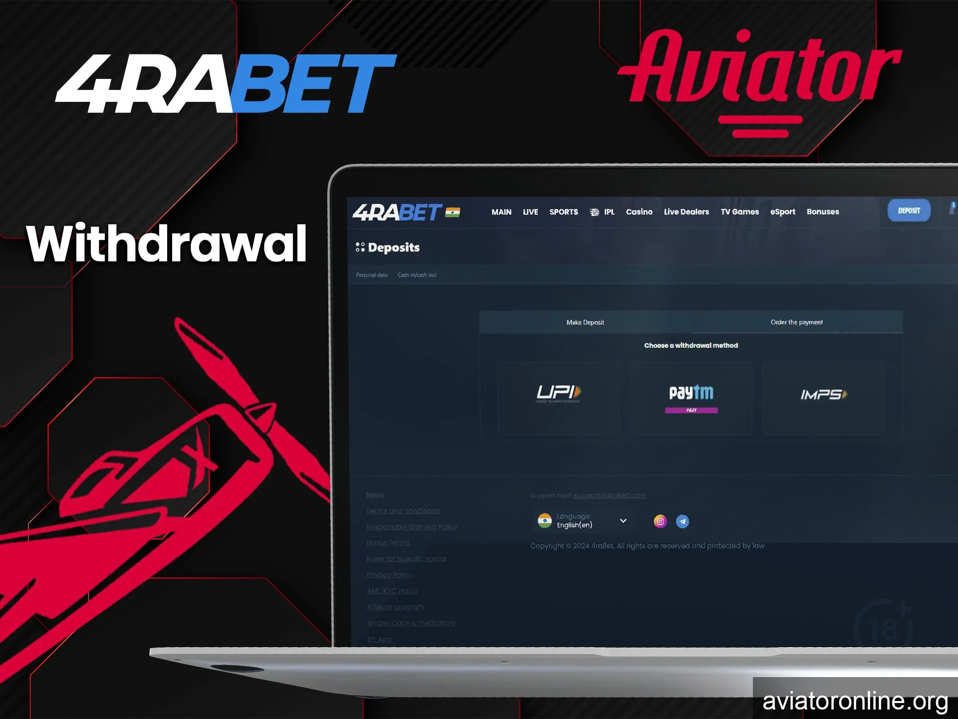 Win at Aviator game and withdraw funds using the methods available at 4rabet.
