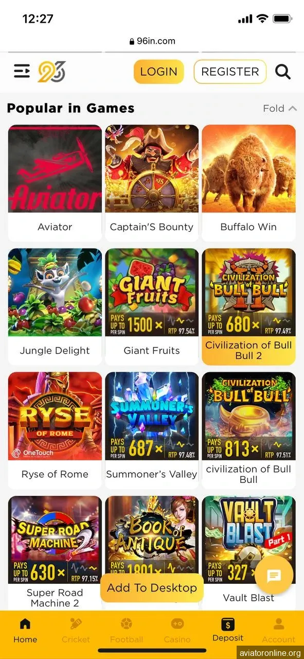 Play Aviator on 96in with iOS system via app or browser.