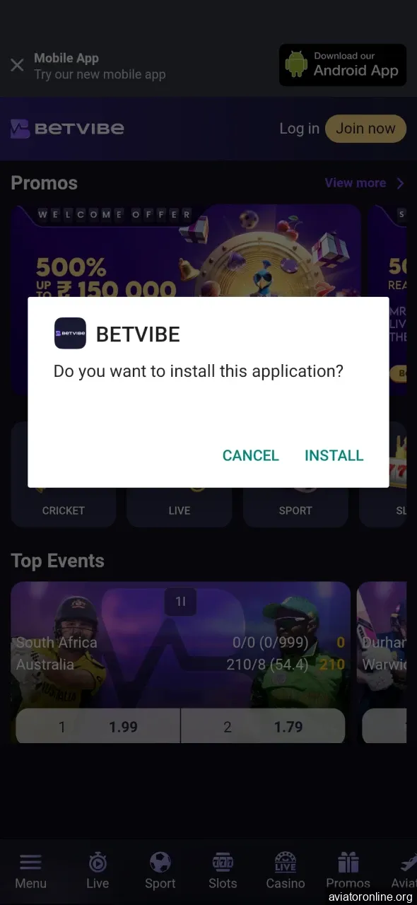 Start installing the BETVIBE app for Android.
