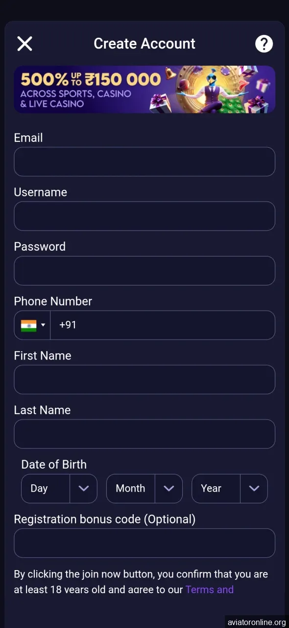 Explore the BETVIBE app registration window.