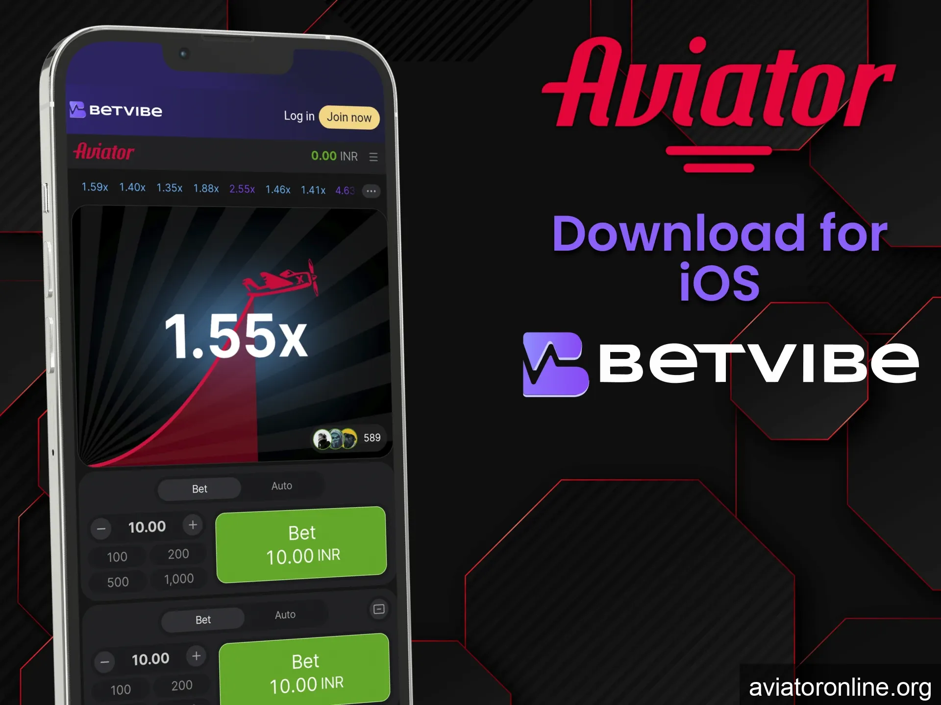 Install the BETVIBE app to play Aviator on iOS.