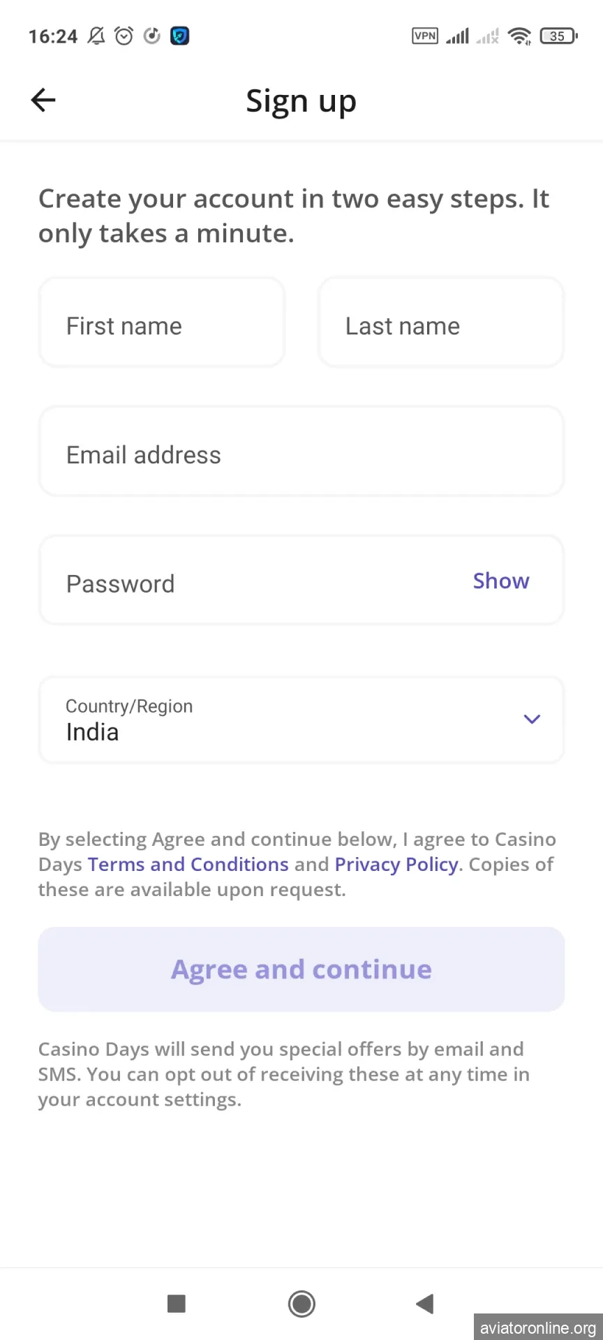Visit the Casino Days app registration page.