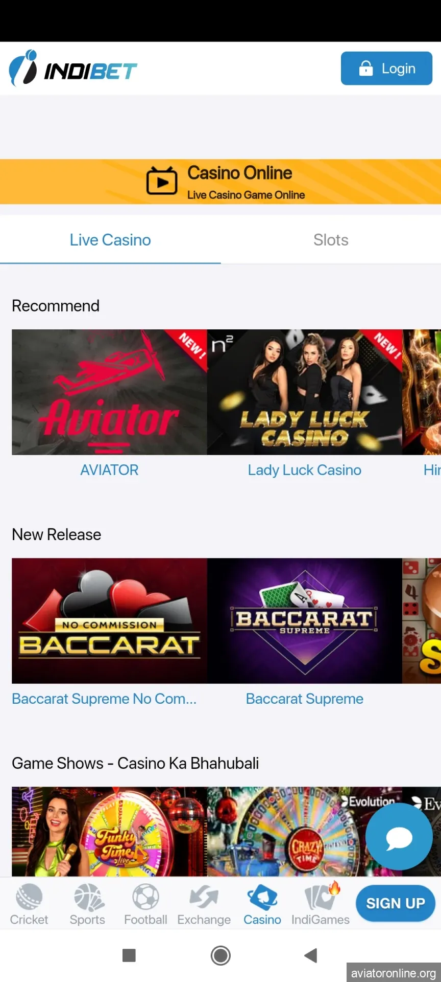 Visit the games page of the Indibet app.