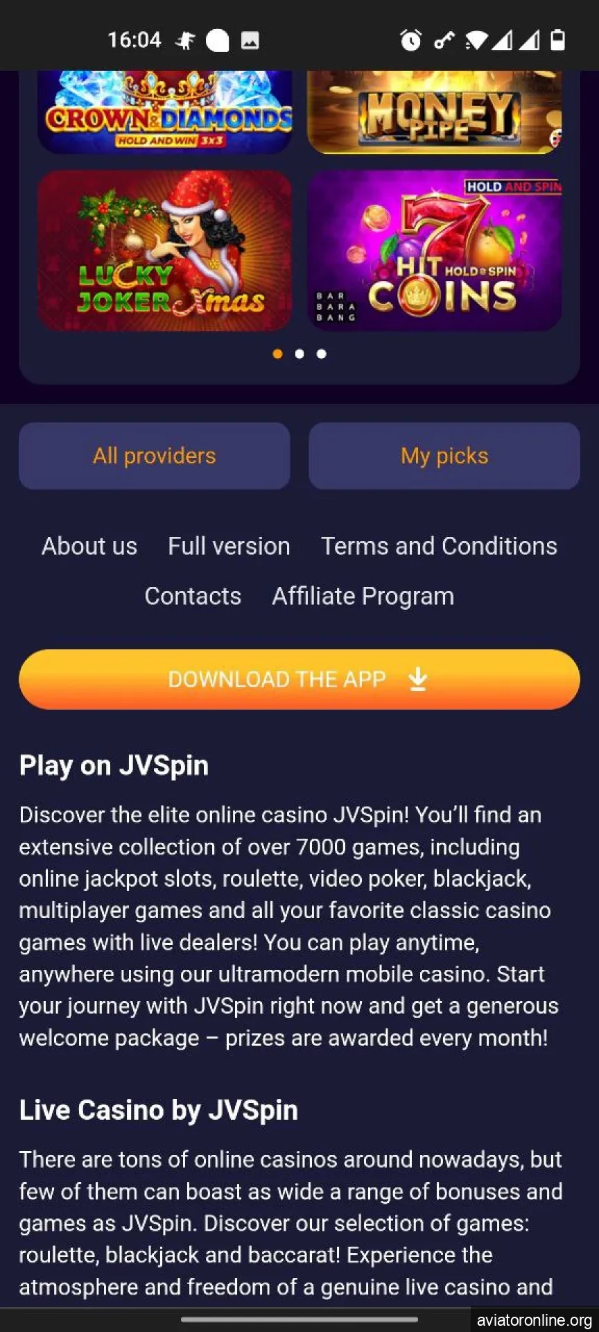 Find the JV Slot installation file for Android on the page.