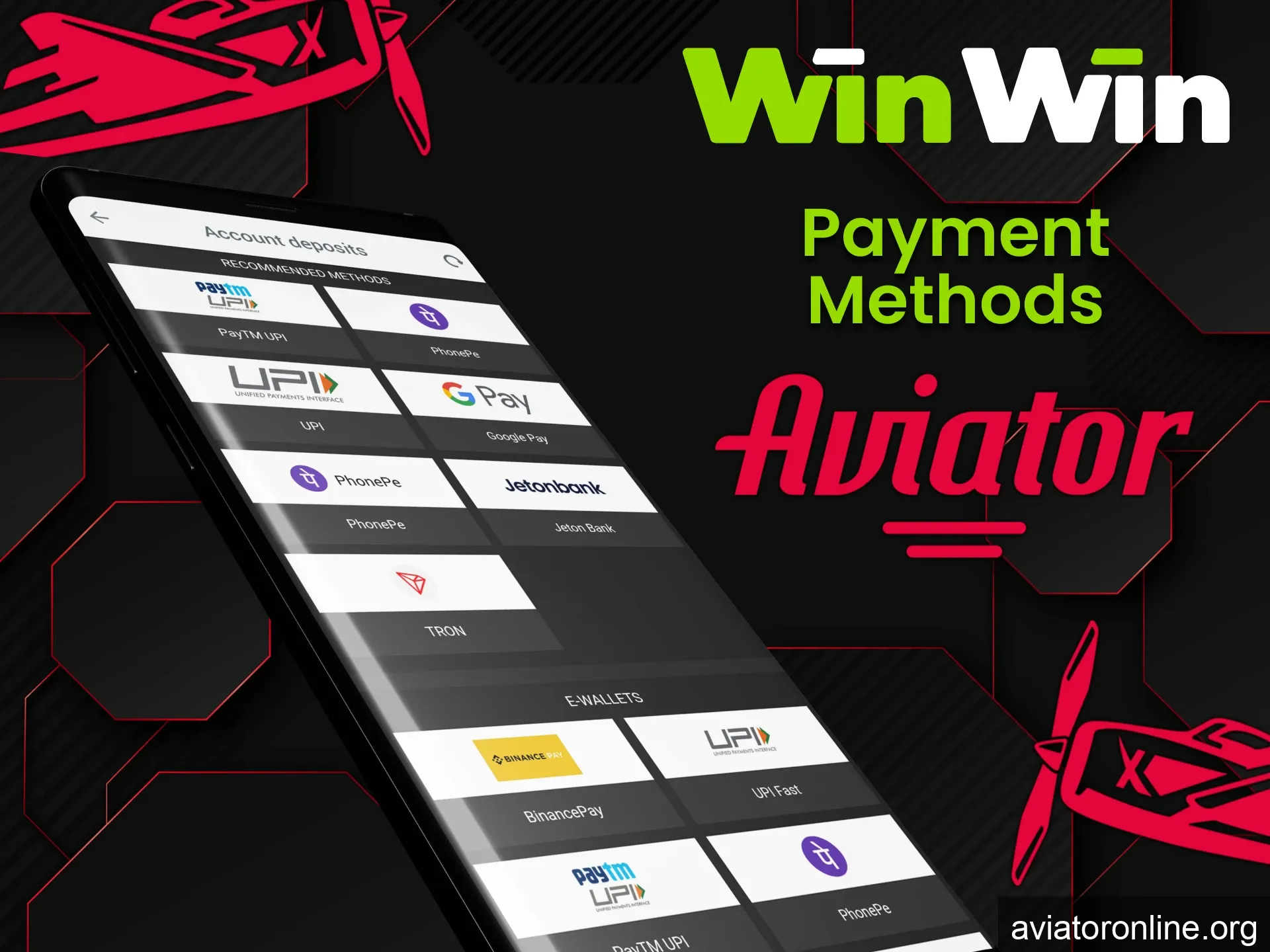 The WinWin app has many ways to top up your deposit for the Aviator game.