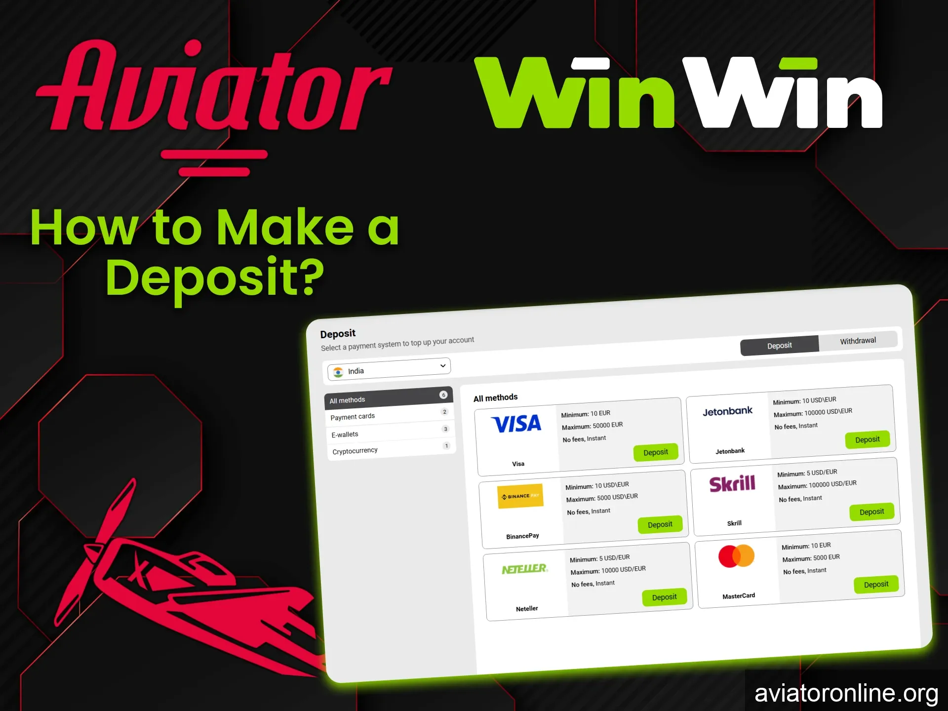 You will find many ways to top up funds for the Aviator game on the WinWin website.